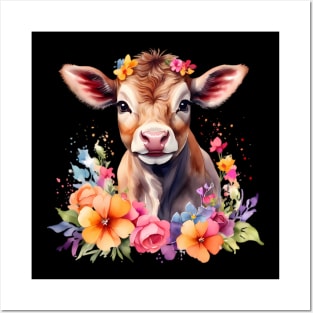 A cow decorated with beautiful watercolor flowers Posters and Art